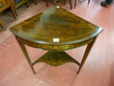 An inlaid rosewood corner side table with tapering line inlaid legs and shaped under tier shelf,