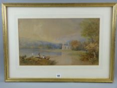 EDWIN MOORE watercolour and gouache - Bolton Abbey and two figures in a boat by the edge of the