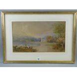 EDWIN MOORE watercolour and gouache - Bolton Abbey and two figures in a boat by the edge of the