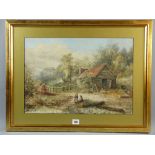 DAVID COX watercolour - rustic scene with farm buildings and two figures seated by a track, signed