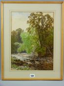 J JACKSON CURNOCK watercolour - river scene with trees and fisherman, signed and dated 1885, 38.5