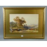 Manner of DAVID COX watercolour - rural scene with farm boy and dog on a track with nearby cattle