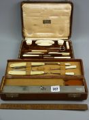 An ivory manicure set in a fitted case (one pair of scissors missing), a gent's shaving kit in a
