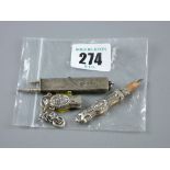 A silver chatelaine pencil holder with pencil and a plain silver oblong pendant pencil with slider