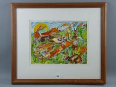 JENNIFER MARY DODD watercolour/mixed media - large group of hares being chased by a fox, signed