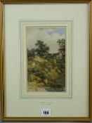 THEODORE FOURMOIS watercolour - rustic scene with hilltop farmstead and two figures by a stream,