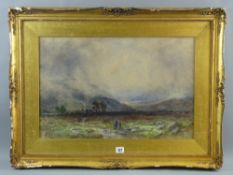 JAMES ELLIOTT watercolour - misty heathland landscape with farmstead, grazing cattle and figures