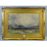 JAMES ELLIOTT watercolour - misty heathland landscape with farmstead, grazing cattle and figures