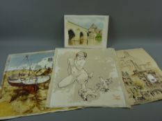 A parcel of four unframed mixed media paintings/prints, mainly Continental scenes including nude