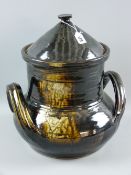 A large Terry Bell-Hughes two handled pot bellied vessel and cover, impressed monogram seal just