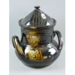 A large Terry Bell-Hughes two handled pot bellied vessel and cover, impressed monogram seal just