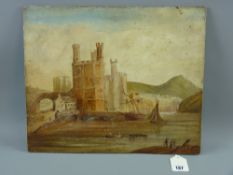 W LANGDON primitive oil on panel, unframed - Eagle Tower, Caernarfon Castle with numerous boats