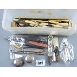 A large parcel of mainly bone handled hooks etc and a pair of silver handled manicure instruments