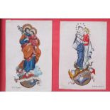 Zwei Gnadenbilder. Hl. Christopherus und Madonna. Aquarell auf Papier. Rahmen. H: 15 x 20 cm.