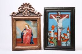 Zwei Hinterglasbilder. Anfang 19. Jh. Festliches Madonnenbild. Beschnitzter, vergoldeter Rahmen.