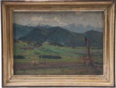 Müller, Peter Paul. Berlin 1853 - 1915. Gebirgslandschaft mit pflügendem Bauer und Marterl. Links