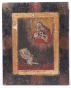 Votivikone. Ende 18. Jh. Madonnenerscheinung über krankem Kind. Bez. Ex Voto 1707. Tempera/