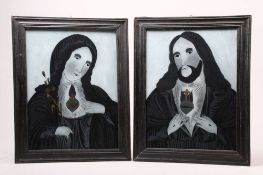 Paar Hinterglasbilder. 19. Jh. Hl. Herz Mariae und Herz Jesu. Wohl Sandl. Tempera/Glas. Originale