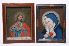 Zwei Hinterglasbilder. Anfang 19. Jh. Maria Dolores. Originalrahmen. H: 24,5 x 18,5 cm. Herz-Jesu,