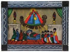 Hinterglasbild. Südd. oder Böhmen, 19. Jh. Ex voto. Schmerzhafte Mutter Gottes. Tempera/Glas.