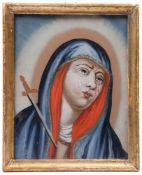 Hinterglasbild. Südd. 19. Jh. Mata Dolorosa. Tempera/Glas. Vergoldeter Rahmen. H: 18 x 14,5 xm.