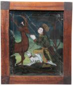 Hinterglasbild. 19. Jh. Hl. Hubertus. Biedermeier-Rahmen. H: 32 x 26 cm. Tempera/Glas. Sprünge.