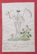 Stickarbeit. 18./19. Jh. Memento mori. Tödlein. Bez. und 1796 dat. Farbige Seidenstickerei auf