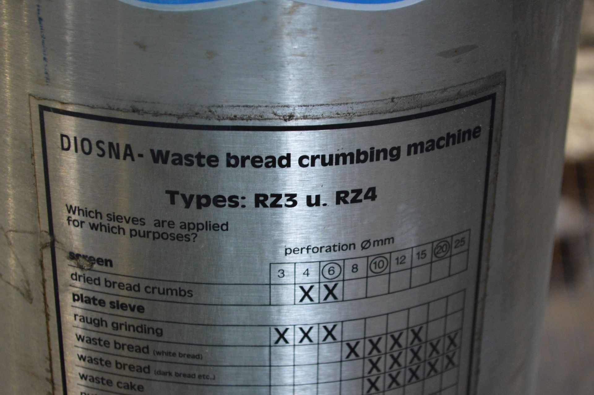 Diosna RZ3 U.RZ4 WASTE BREAD CRUMBING MACHINE, serial no. 104-288 - Image 3 of 4