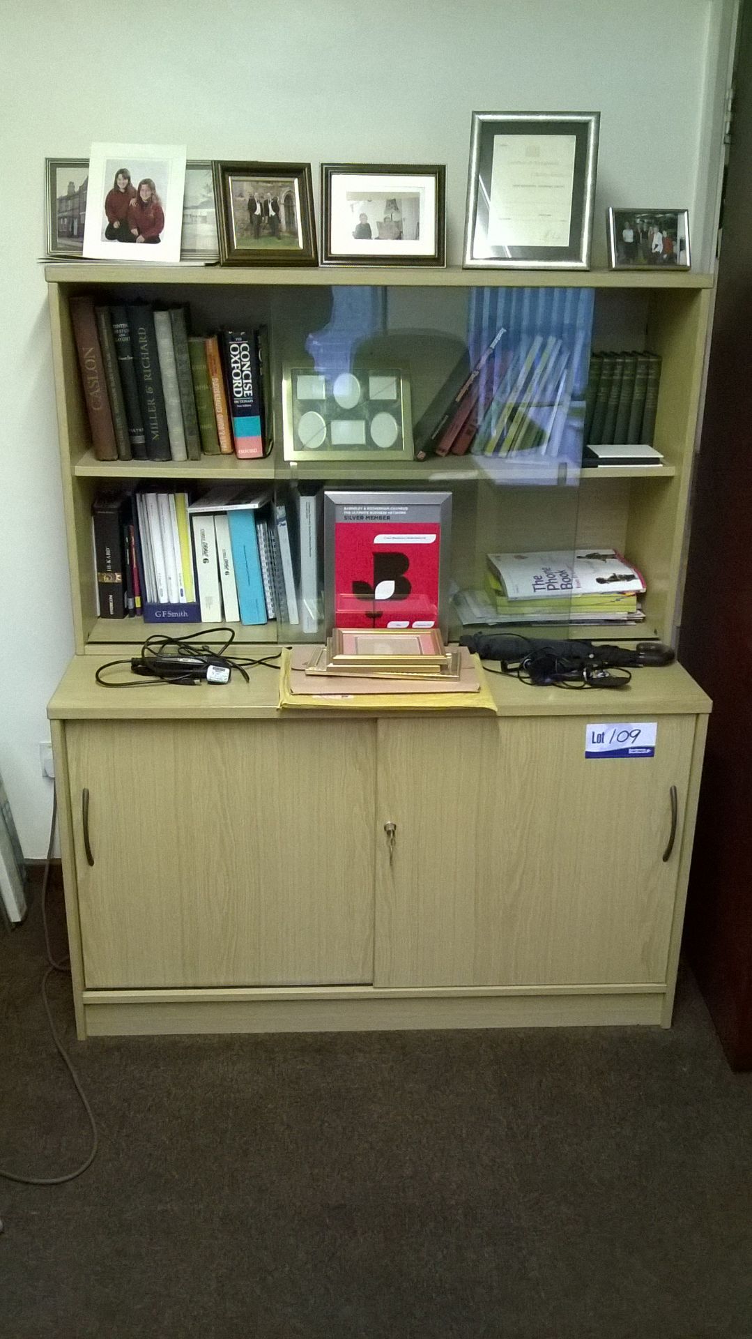 Light Oak Veneered Side Unit with Glazed Book Shelf (not contents)