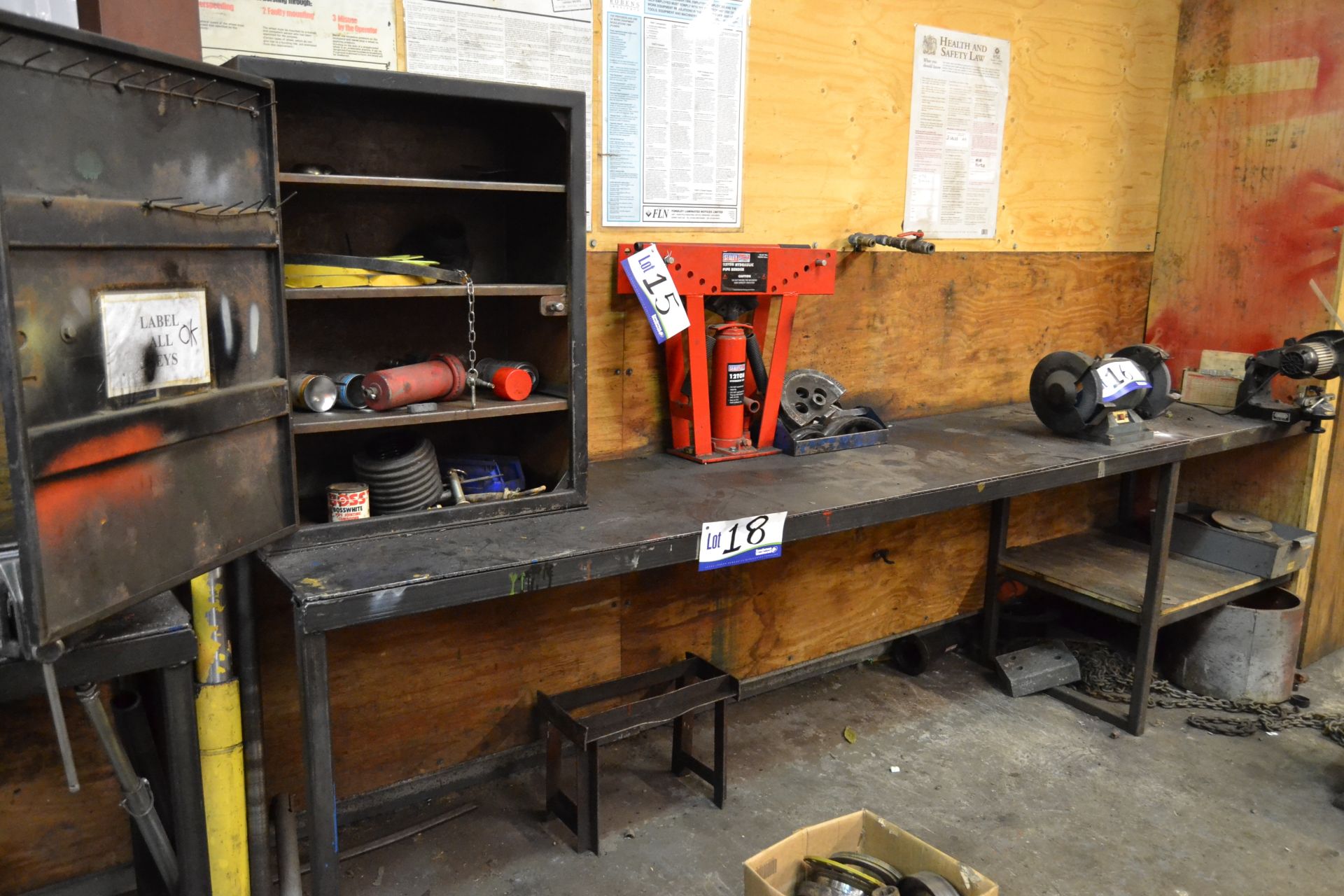 Welded Steel Bench, 3.3m long, with single door steel cupboard