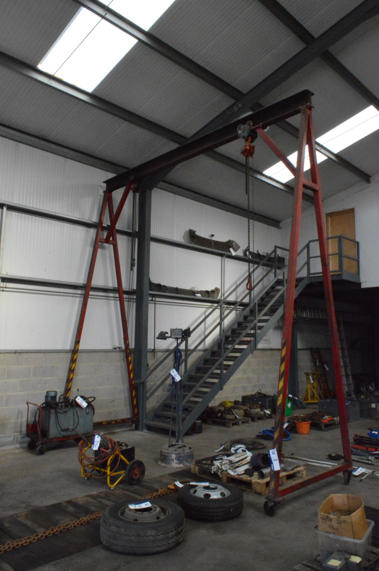 Mobile Bolted A-Frame Lifting Gantry, approx. 4.5m wide x 4.8m high, with two chain blocks