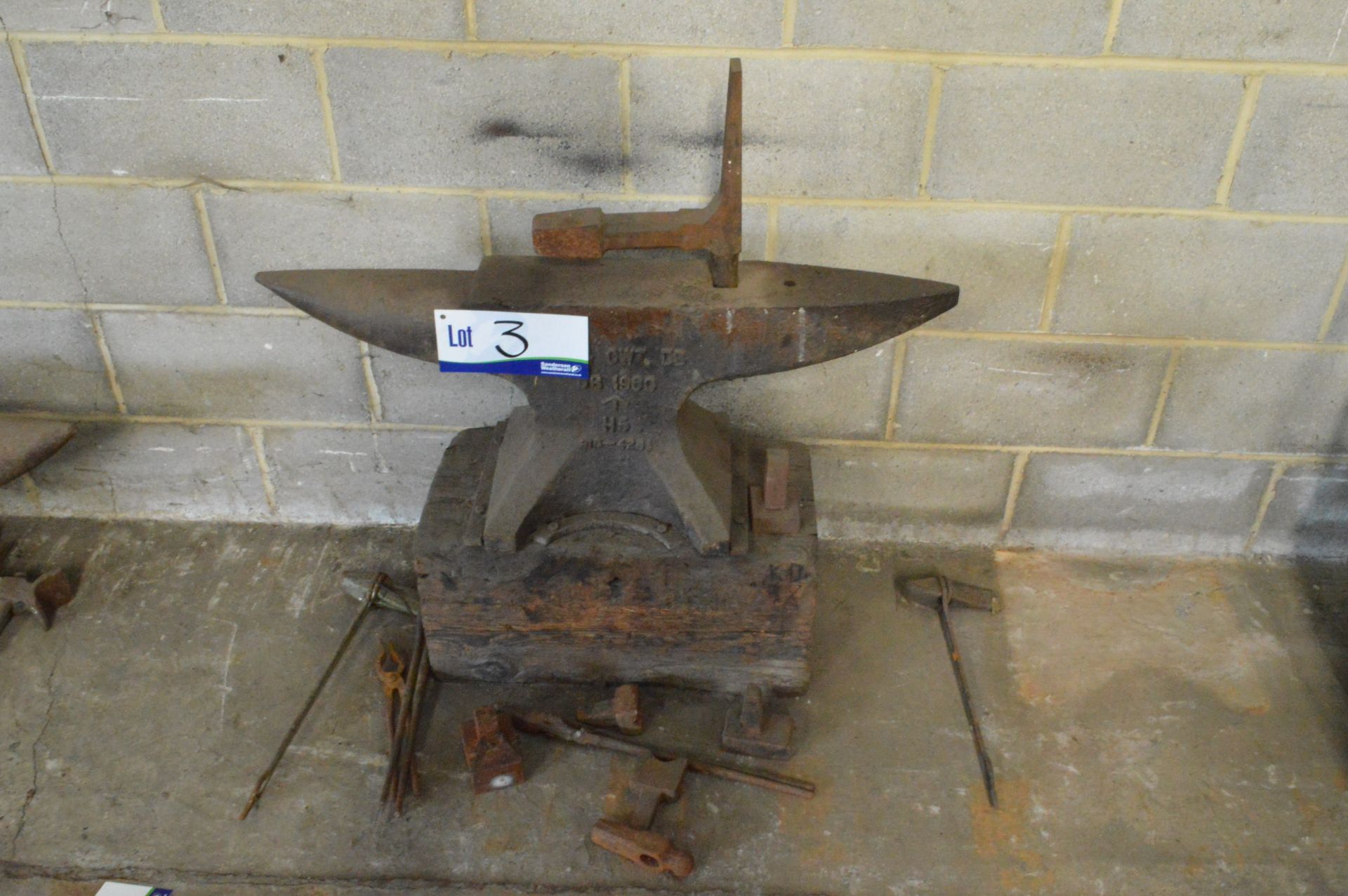 Double Bick Anvil, with timber stand and tooling, as set out