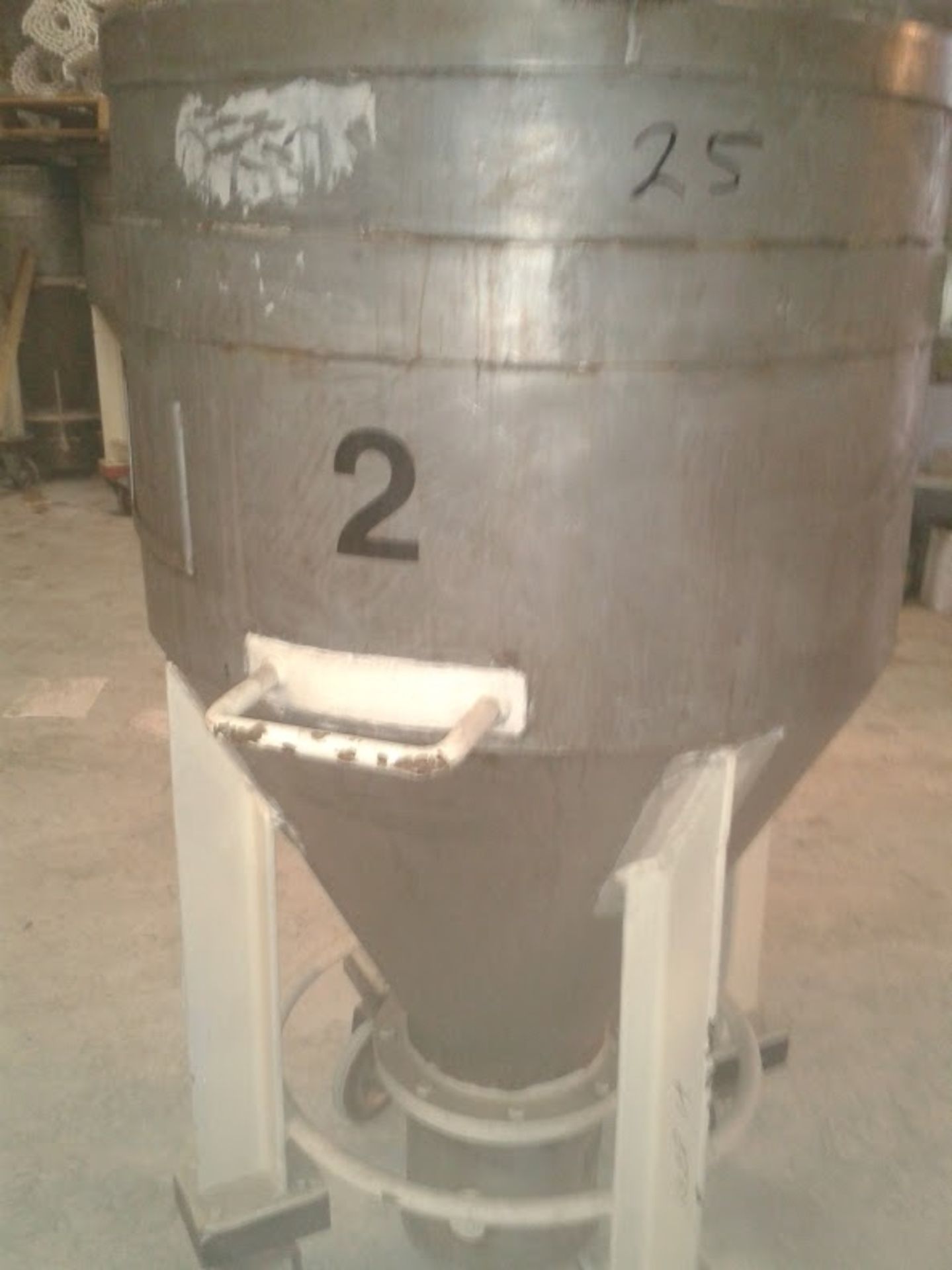 Stainless Steel Mobile Hopper Bottomed Bin, 850mm dia., 250mm outlet, 1480mm total height