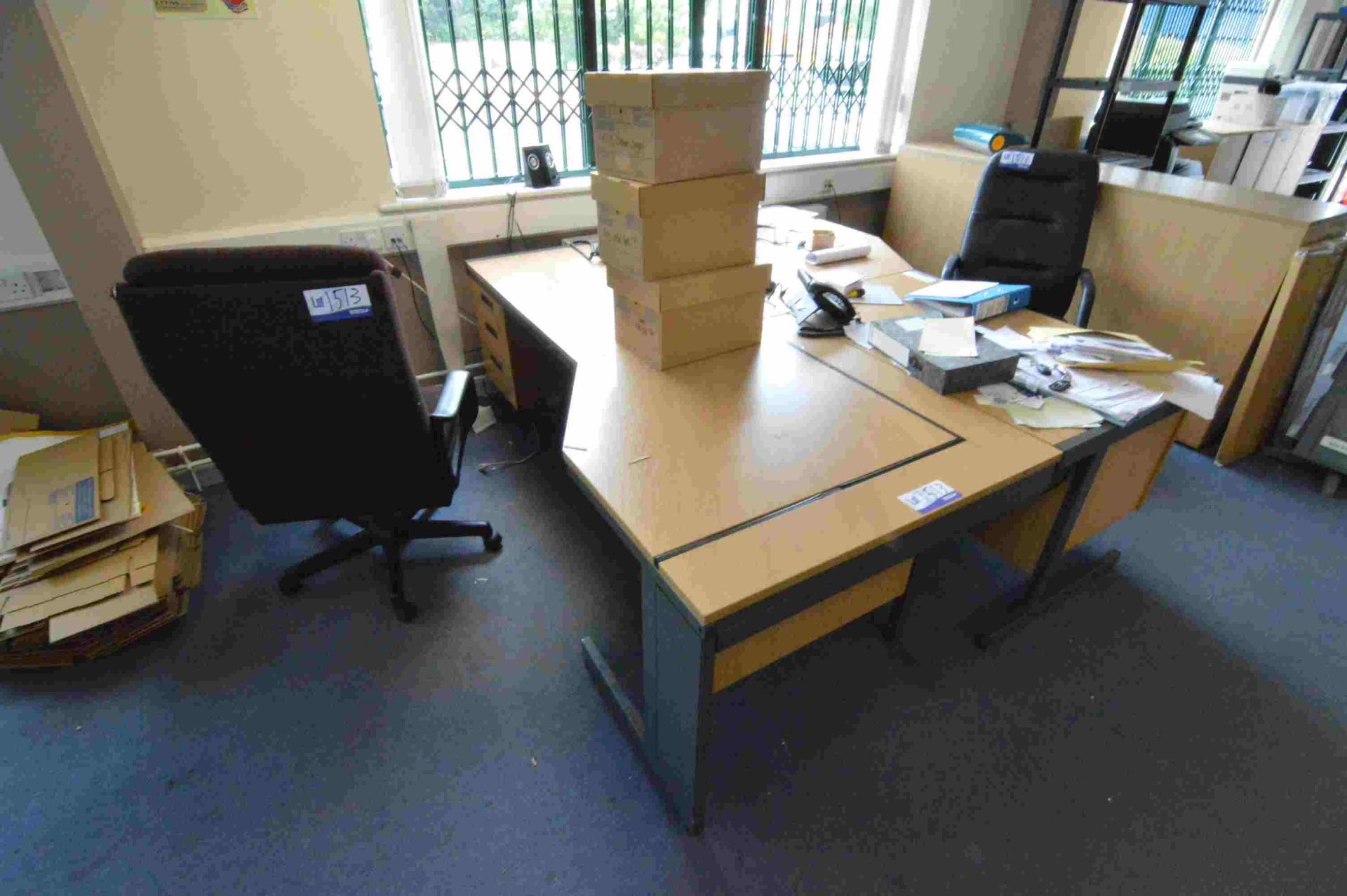 Two Single Pedestal Light Wood Veneered Workstations, with 2 high back swivel armchairs