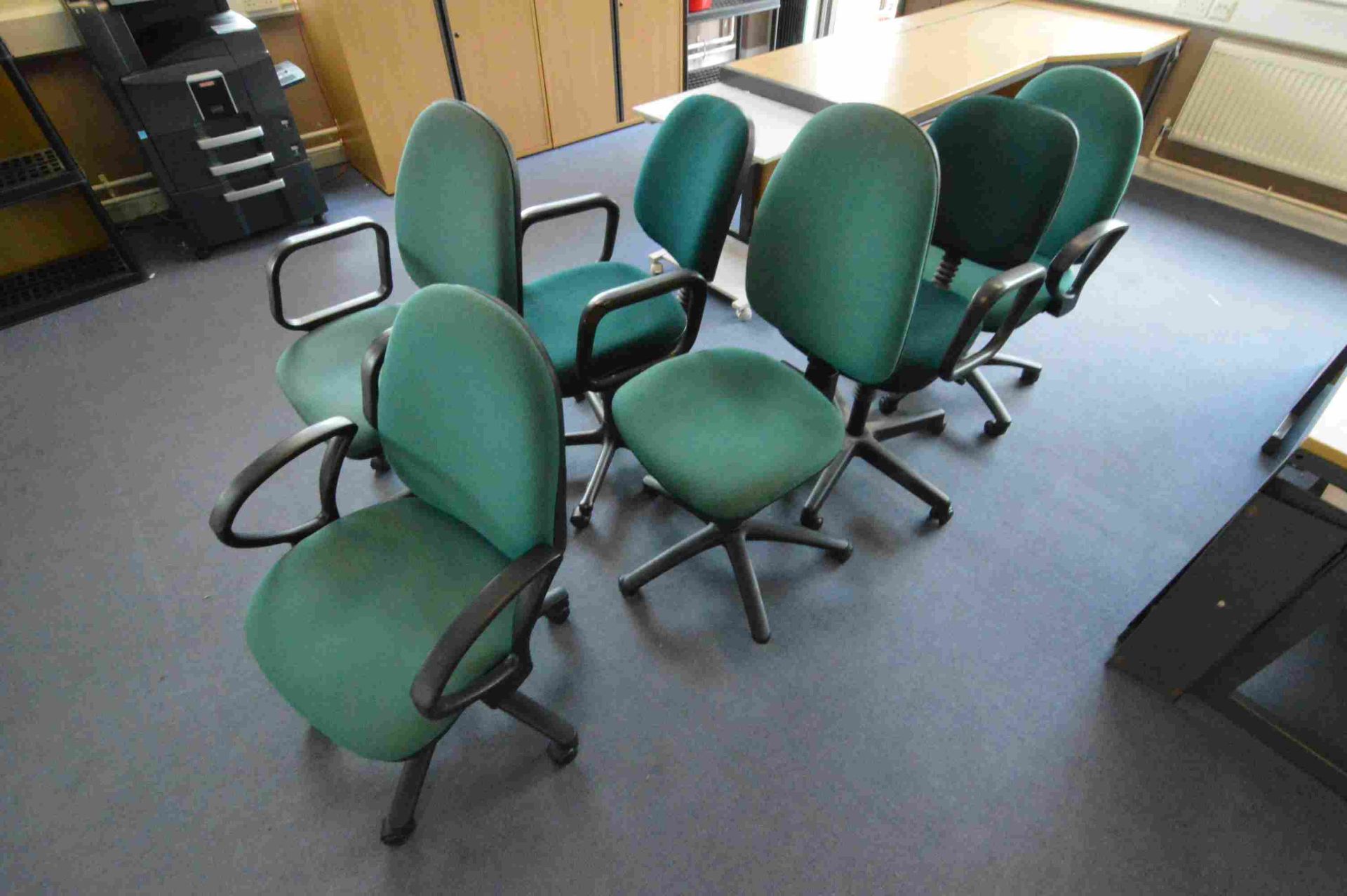 7 Green Fabric Upholstered Swivel Armchairs