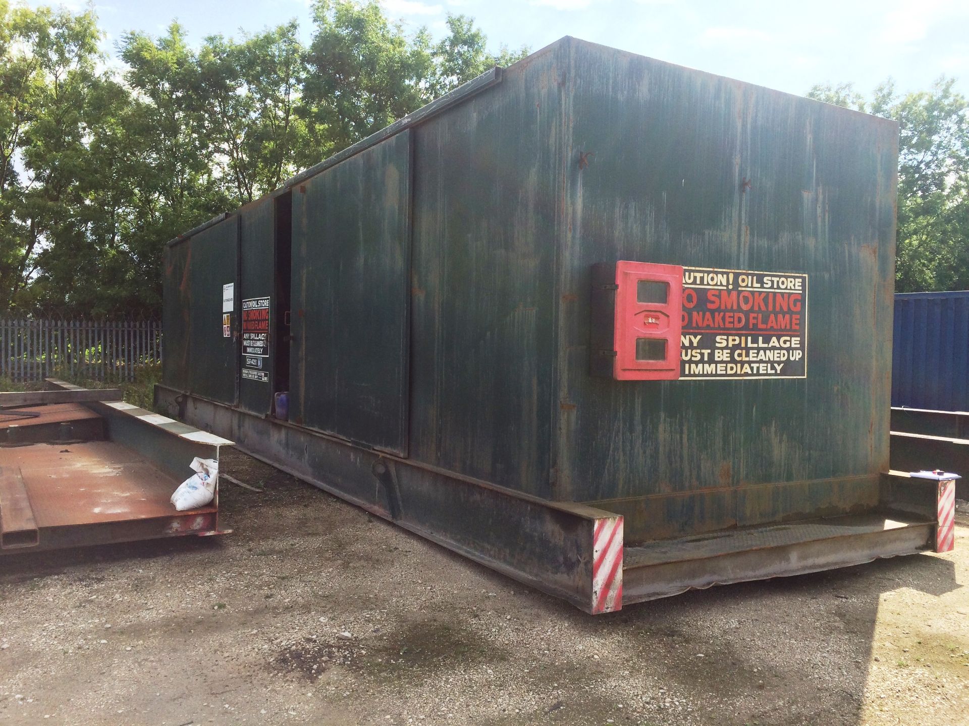 44ft / 13.5m Bunded Steel Site Oil Store, with three internal oil tanks, retractable hose reel,