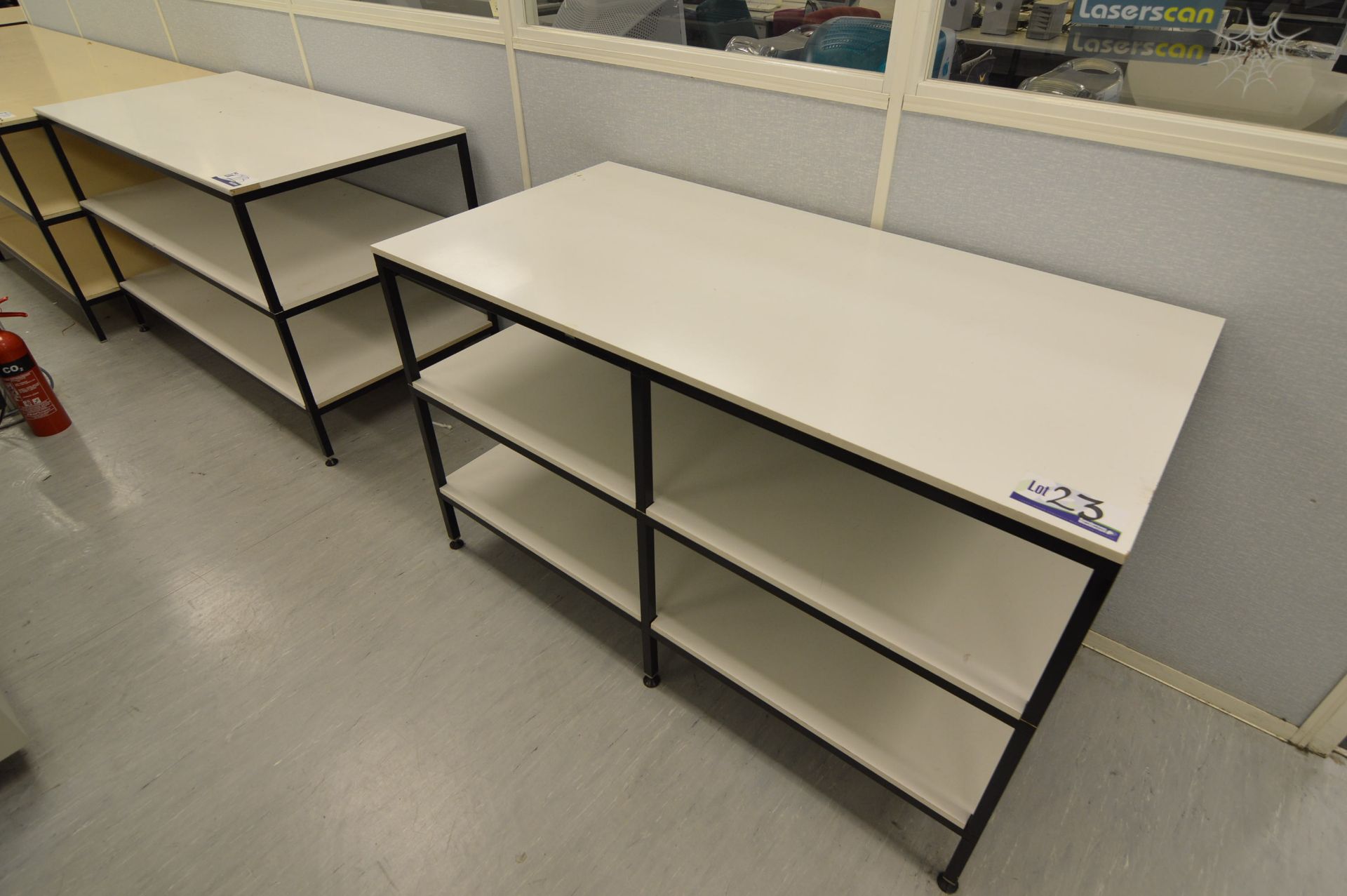 Two Steel Framed Worktables, each approx. 1525mm x 1765mm