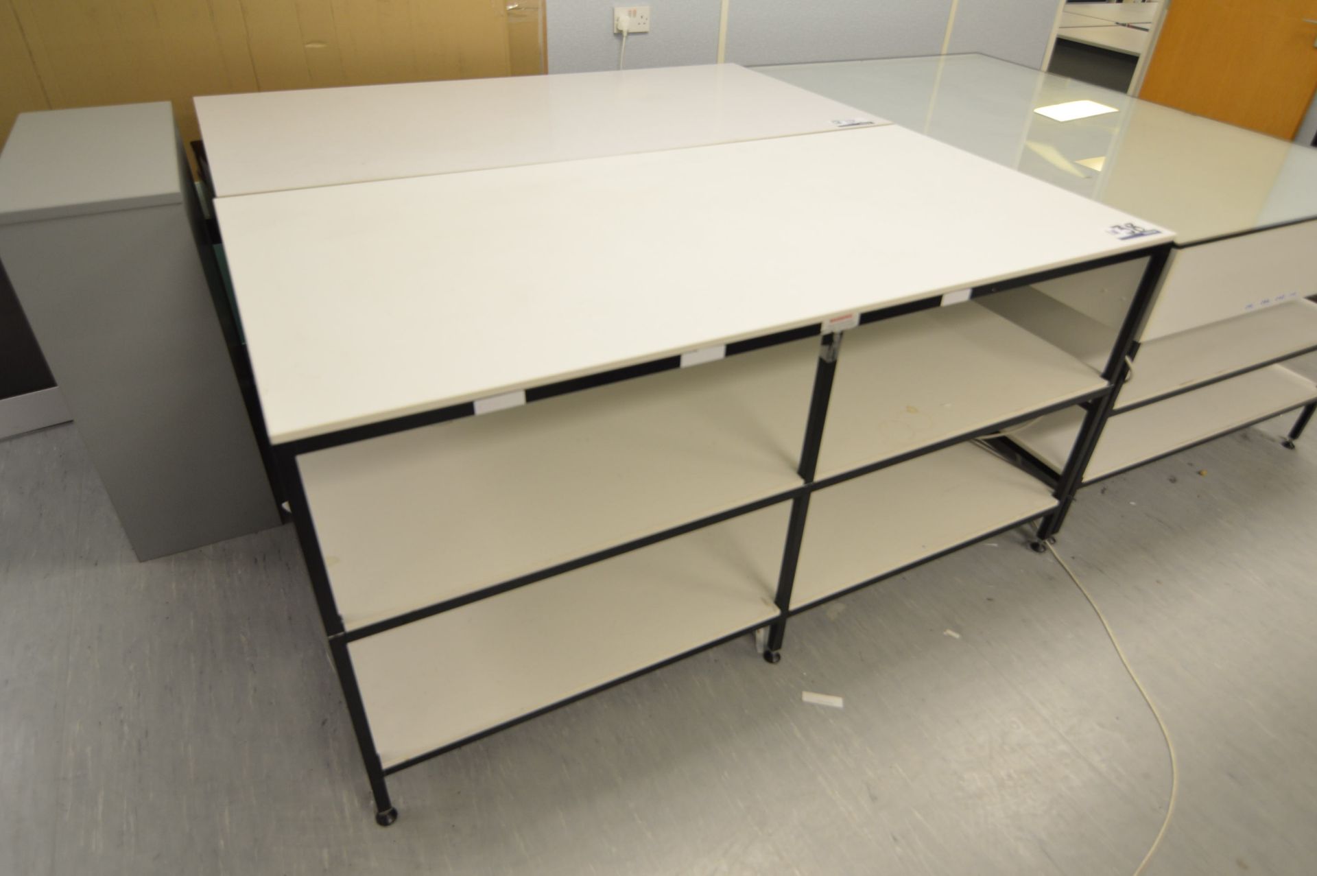 Two Steel Framed Worktables, each approx. 1820mm x 920mm