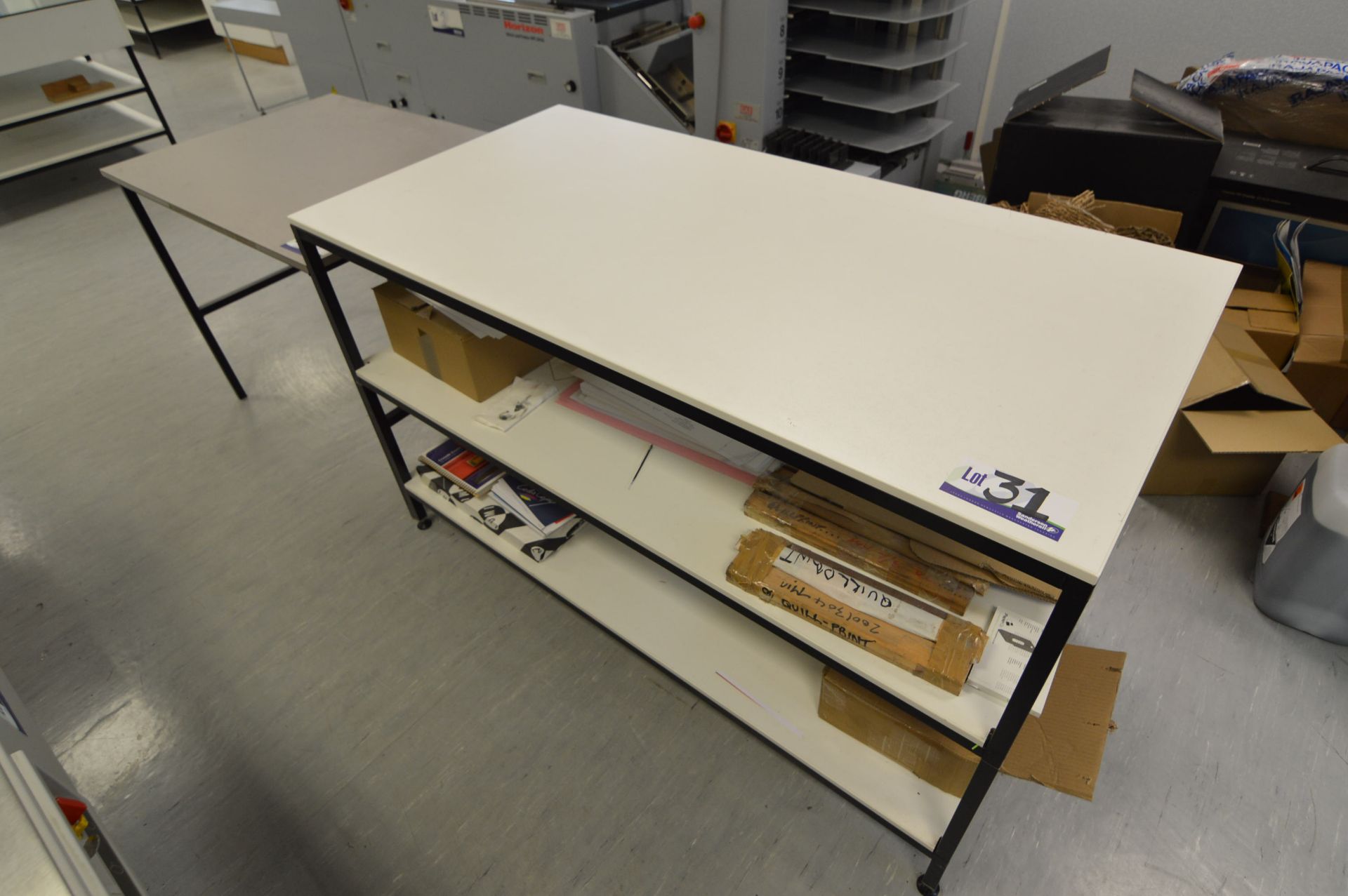 Steel Framed Worktable, approx. 1520mm x 765mm, with steel framed worktable, approx. 1060mm x 750mm