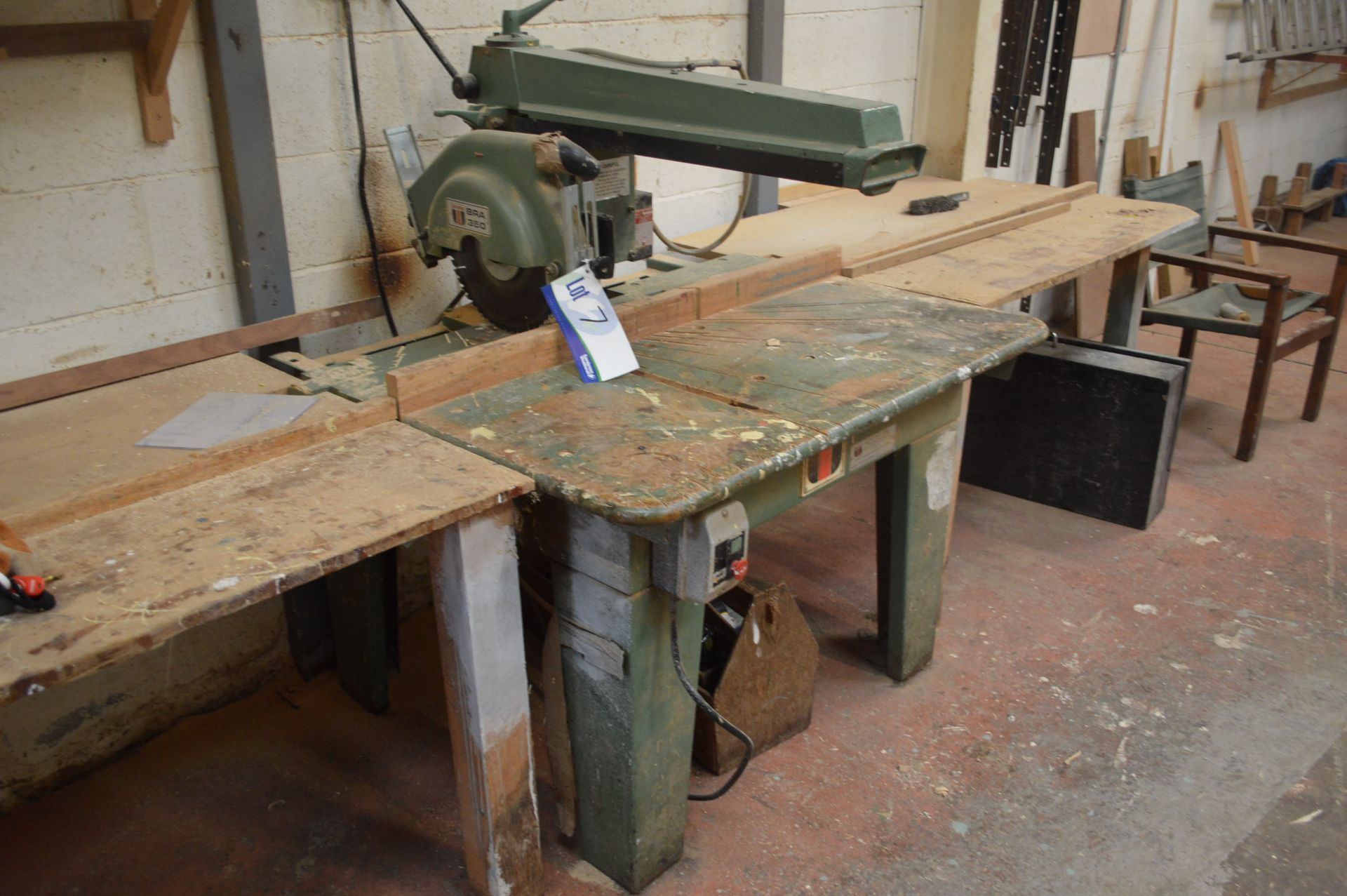 Wadkin BRA350 PULLOVER CROSS CUT SAW, serial no. 893818, with timber benching, (Offered for sale