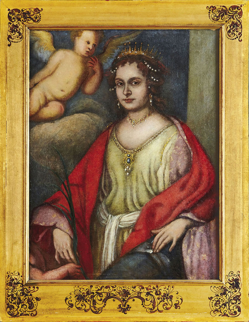 Süddeutscher Künstler d. 18. Jh. Hl. Katharina von Alexandrien Von Engeln umgebene Heilige. Öl/