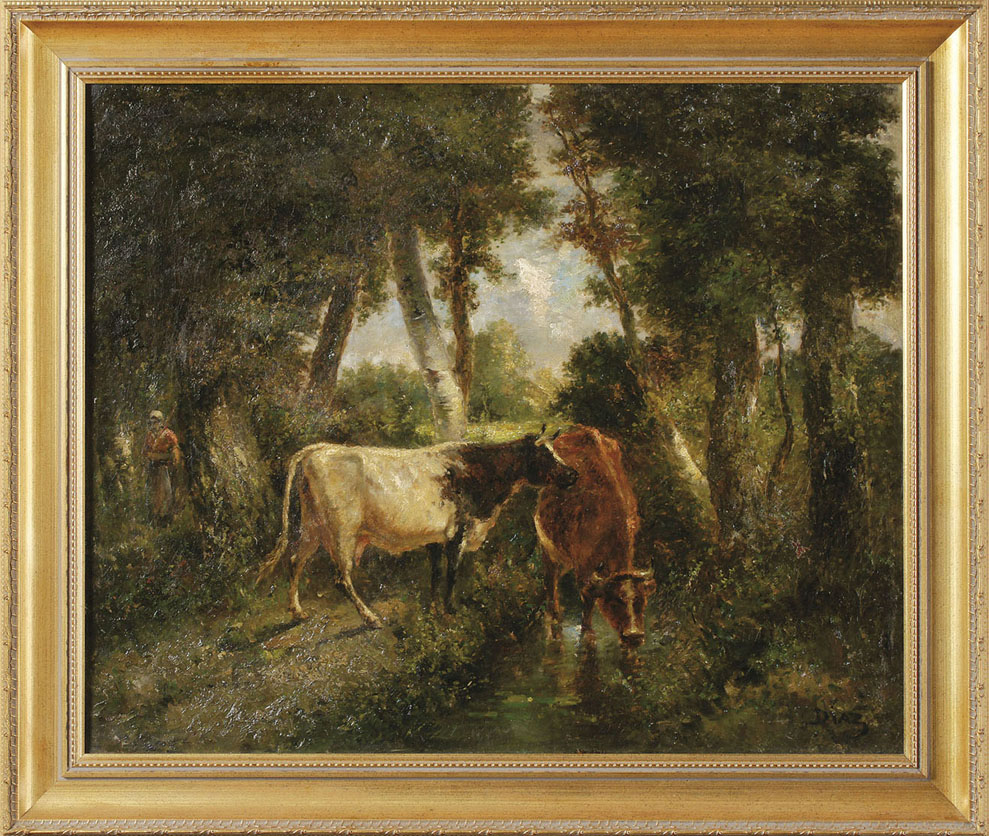 Diaz de la Peña, Narcisse-Virgile Waldlandschaft (Bordeaux 1807-1876 Menton) Kühe mit einer Hirtin