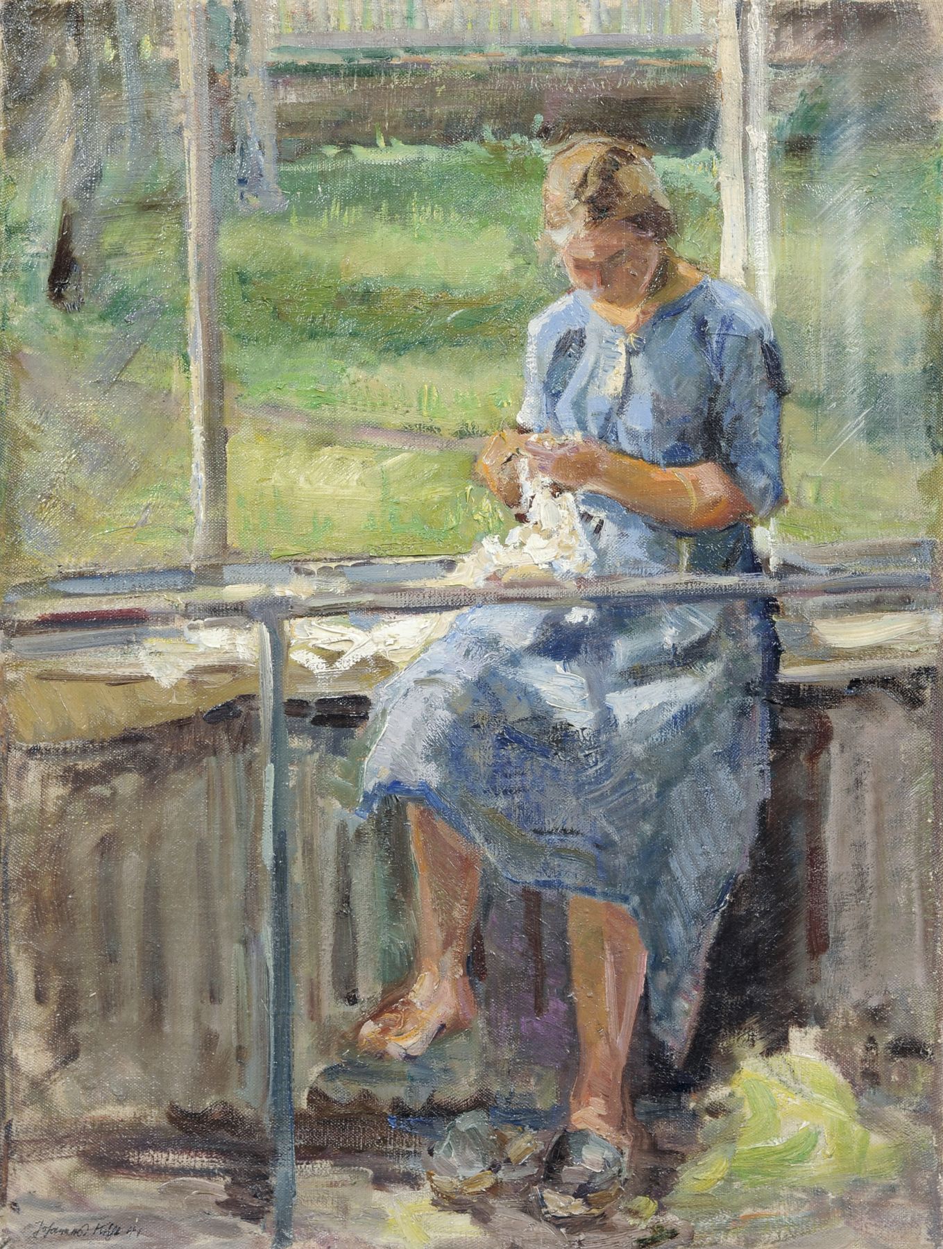 Johannes Kühl "Fleißige Hände". 1941.  Oil painting auf textilem Bildträger. Signiert "Johannes