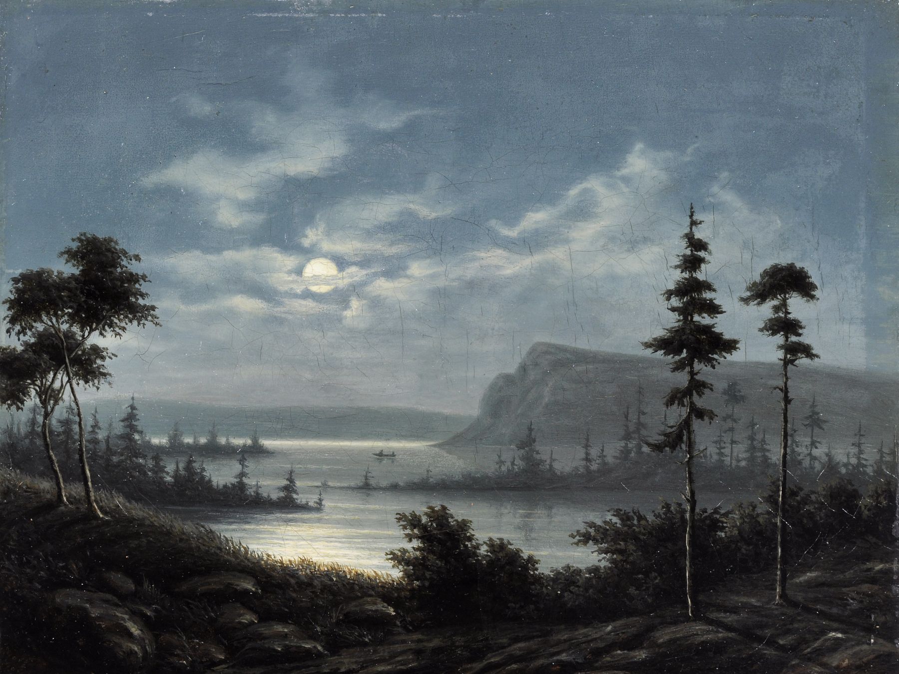 Unbekannter Romantiker, Blick über den lappländischen Saggatsee im Mondlicht. Wohl um 1860.  Oil