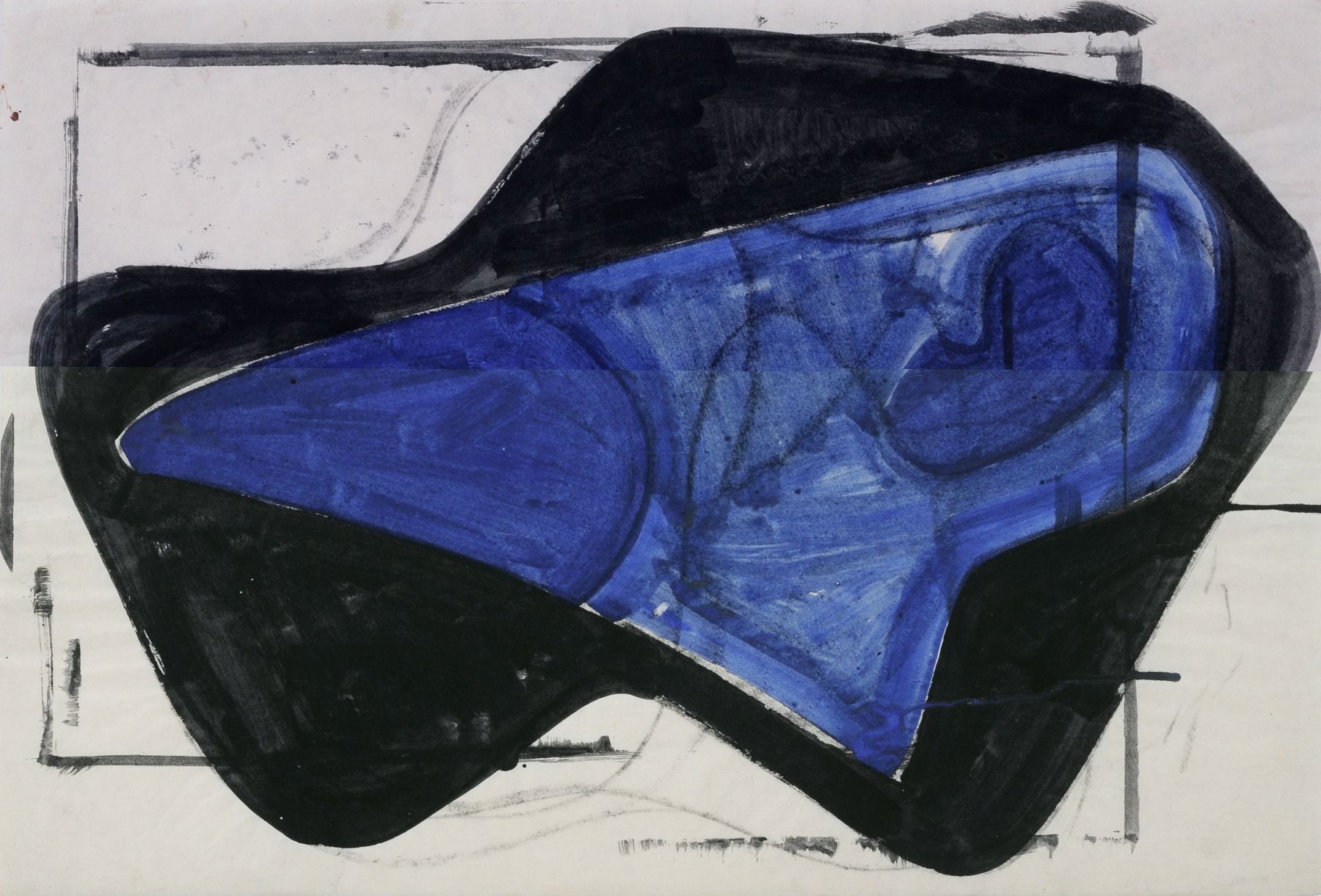 Hermann Glöckner "Blaue Form in schwarzer Fläche". 1956.  Tempera auf Japan. Verso in Blei