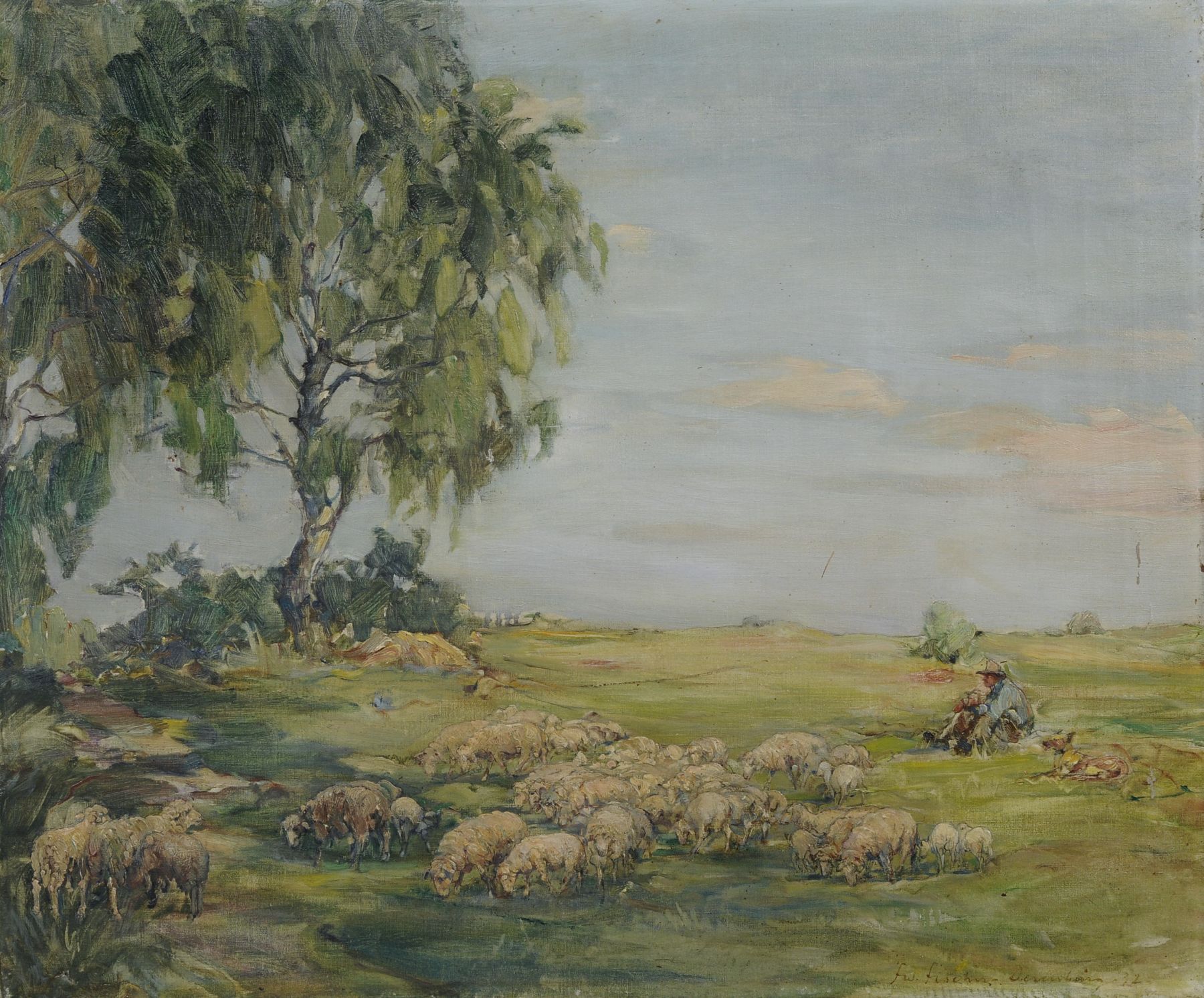 Friedrich Wilhelm Fischer-Derenburg, Sommerliche Landschaft mit Schafherde. 1932.  Oil on canvas.