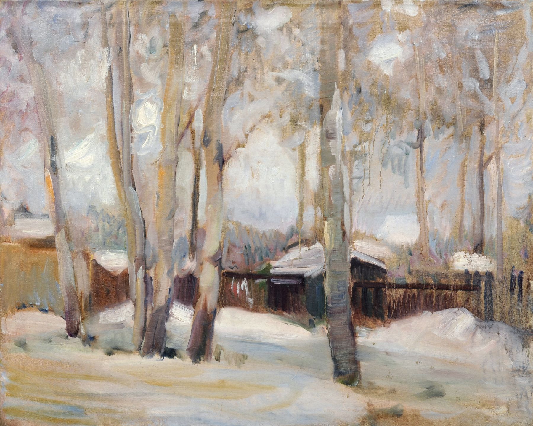 Johannes Kühl "Gartenhäuser im Schnee". 1941- 1943.  Oil on canvas. Unsigniert. Verso auf dem