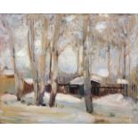 Johannes Kühl "Gartenhäuser im Schnee". 1941- 1943.  Oil on canvas. Unsigniert. Verso auf dem