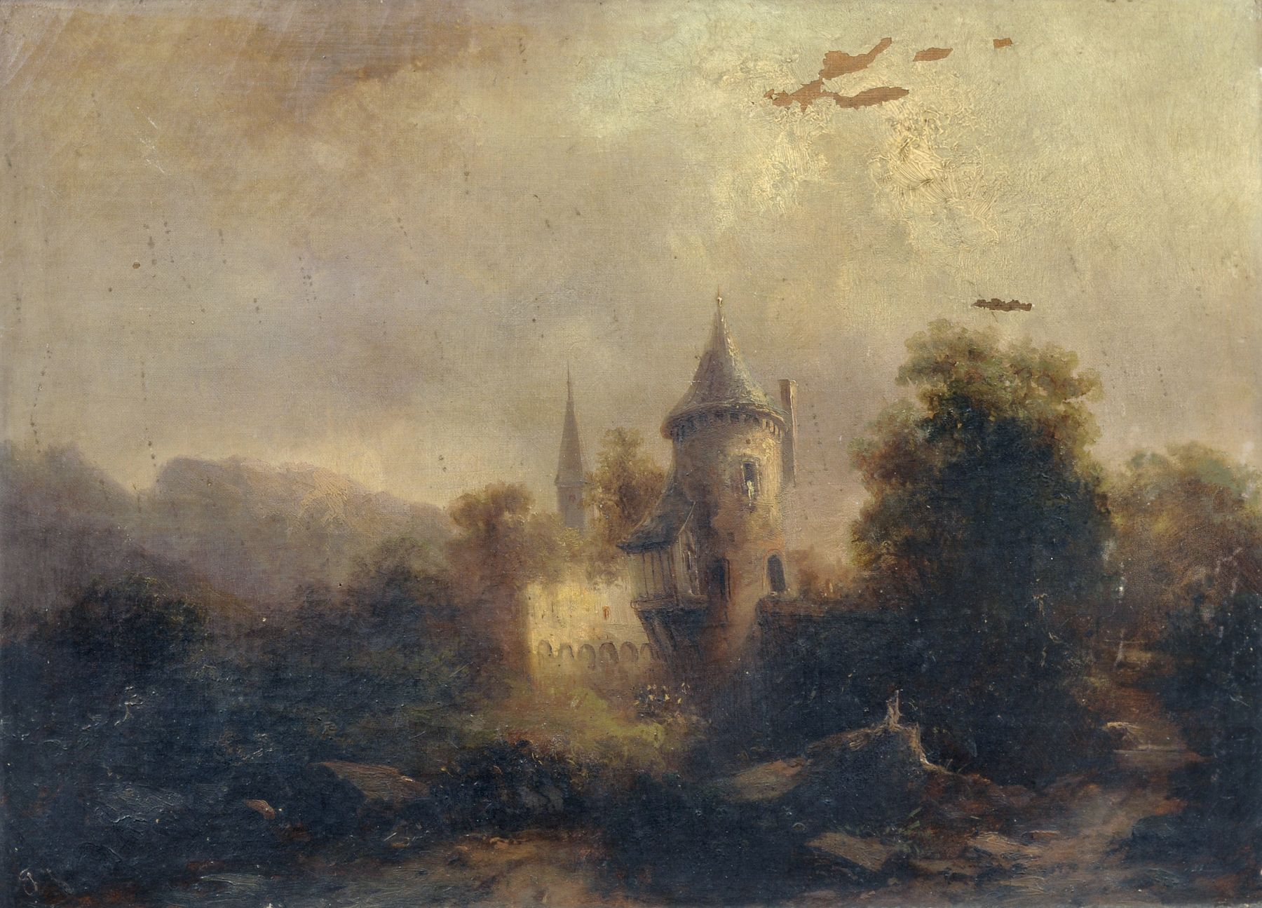 Franz Emil Krause, Landschaft mit Turm. 2nd half 19th cent.  Oil on canvas. Monogrammiert "F.Kr."