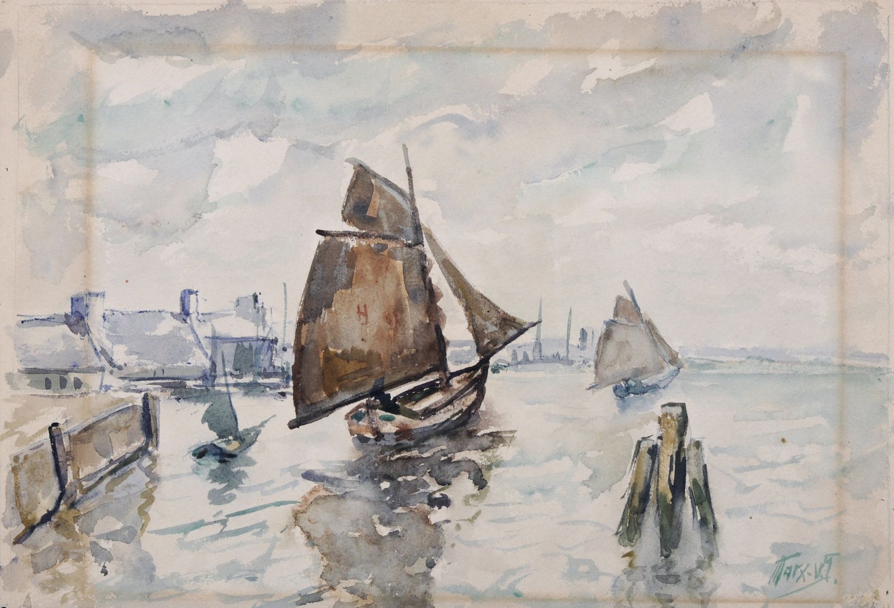 Gustav Marx von Söhnen, Ausfahrende Fischerboote. No date.  Watercolour. U.re. signiert "Marx v. S."